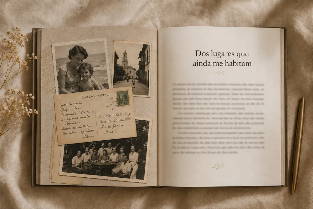 Miolo de um livro Meus Recontos: página com fotografias antigas e um cartão postal manuscrito ao lado do capítulo “Dos lugares que ainda me habitam”